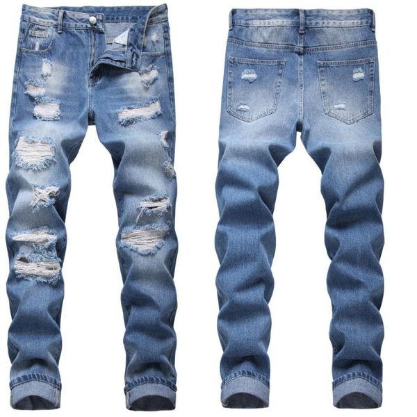 

men's jeans straight slim pants men's summer trendy brand young holes, Blue