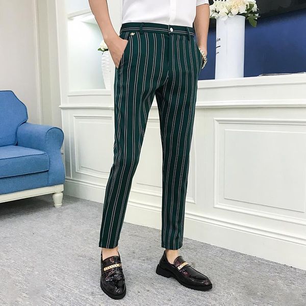

autumn stripe men dress pants black green mens fashions streetwear skinny fit trousers pantalones hombre men's