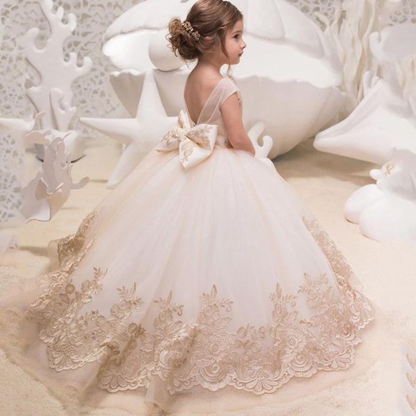 

girl's dresses champagne lace ball gown flower girl dress backless princess illusion wedding party first communion, Red;yellow