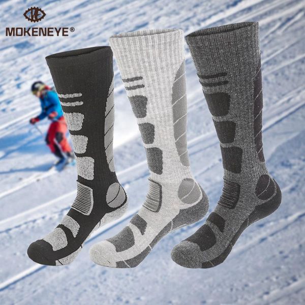 

thermal skiing socks winter merino wool long thick thermosocks outside fishing hiking snowboard pressure fit calf wearable sports, Black