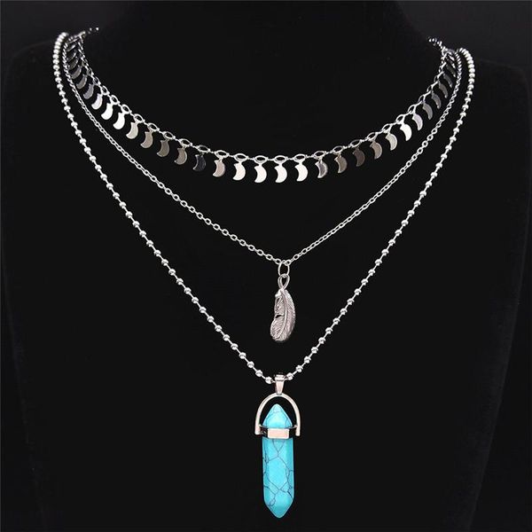 

stainlessÂ steel blue stone layered necklaces women feather necklace charm bohemian jewelry bijoux ethniqueÂ nxs04 pendant, Silver