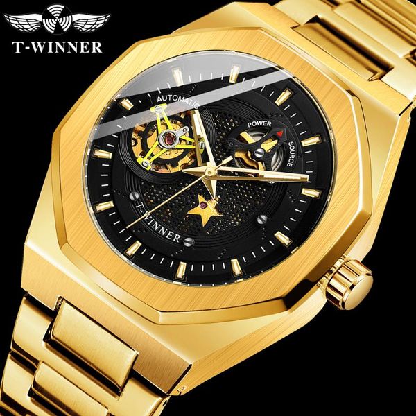 

wristwatches t-winner mechanical hollow-carved design mens watches fashion automatic male clock stainless steel business urban skeleton watc, Slivery;brown