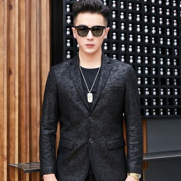 

men's leather & faux mens fashion business work slim fit blazer jacket floral printed office party luxury sheepskin genuine suit coat, Black