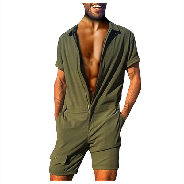 

40 summer fashion solid men tracksuits colors zipper trun down collar jumpsuit casual buttons short sleeve high waist streetwear, Gray