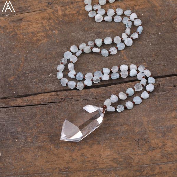 

chains natural white quartz double point pendant aquamarines chip beads cord knotted handmade necklace women healing jewelry, Silver