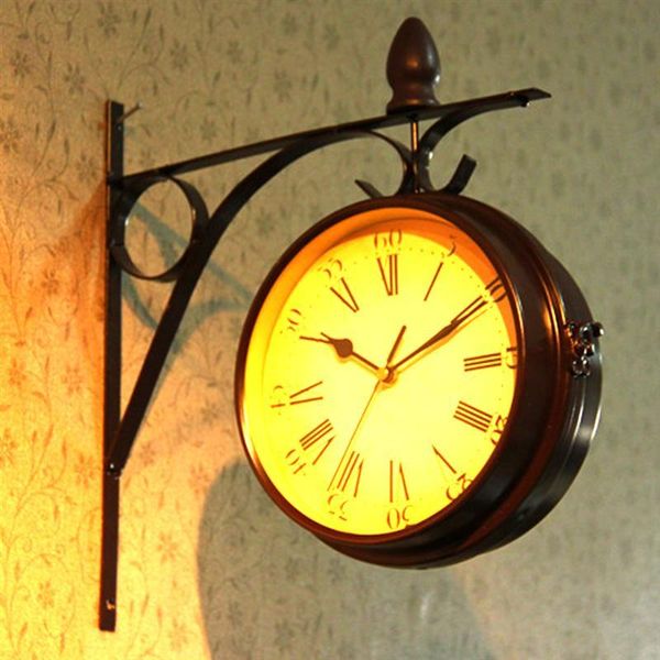 

european-style retro vintage clock double-sided station wall metal classic home decor hanging clocks