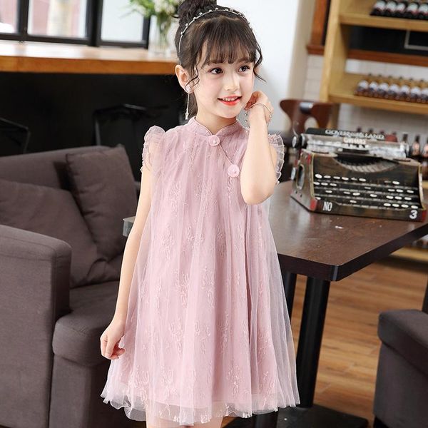 

girl's dresses 2021 summer chinese style girls dress princess party lace floral kids birthday costume children clothes, Red;yellow