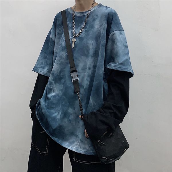 

harajuku streetwear tie-dye women shirt korean tumblr fake 2 pieces loose female tee kpop blue couples clothes 90s tshirt, White