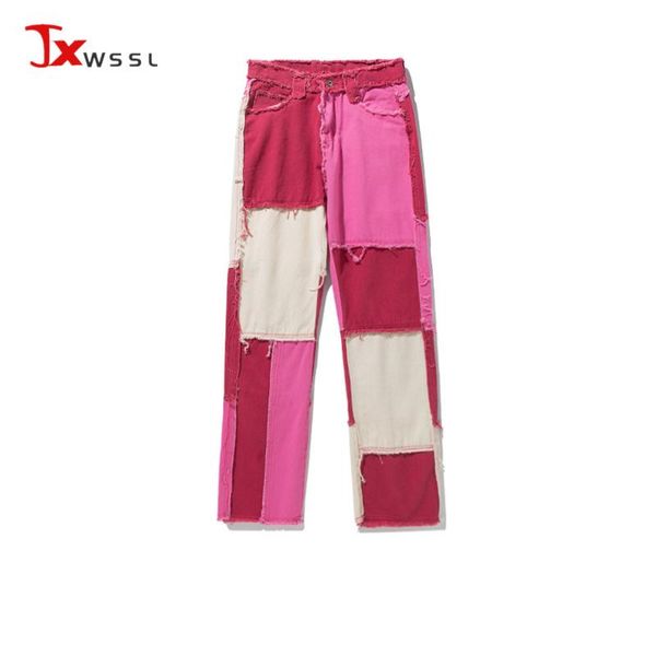 

women's jeans streetwear women pink stitching hip hop loose straight leg denim pants retro fringed female trousers spring autumn 2021, Blue