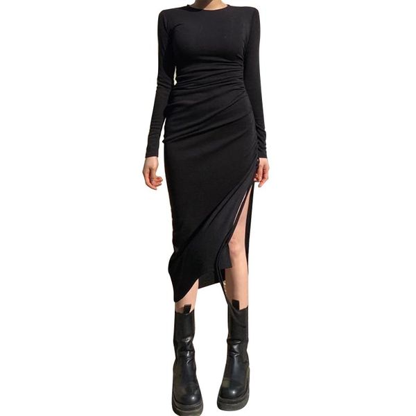 

casual dresses women solid color dress autumn and winter adults long sleeve round neck ruched slit one-piece, Black;gray