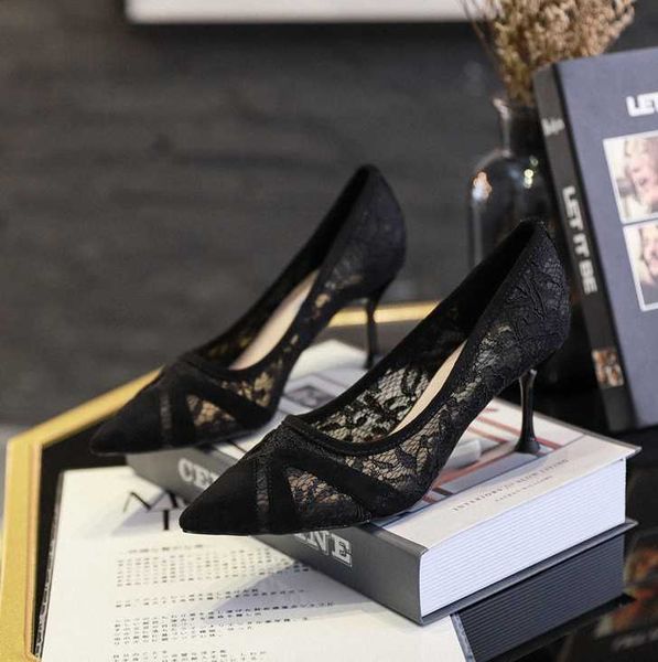 

dress shoes spring 2021 lace mesh high heels black stiletto women's eu size 35-39