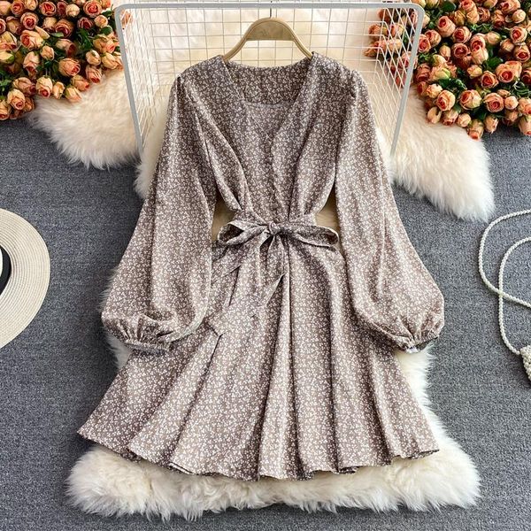 

casual dresses yizzhoy autumn medium long style slim waist sleeve v-neck small fresh temperament broken flower chiffon dress, Black;gray