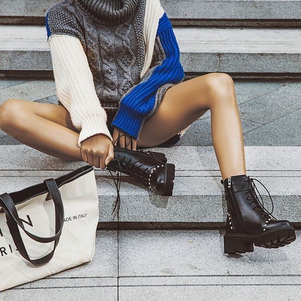 

boots 2021 rivet belt chalaza thick boot excellent woman inside, Black