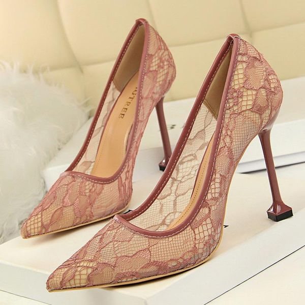 

dress shoes lace hollow woman pumps stiletto heels 2021 high nightclub party pointed toe heeled female, Black