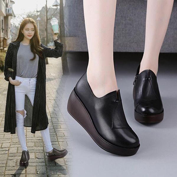 

spring 2021 pattern slope heel genuine leather women's shoes high-heeled increase korean version nude dress, Black