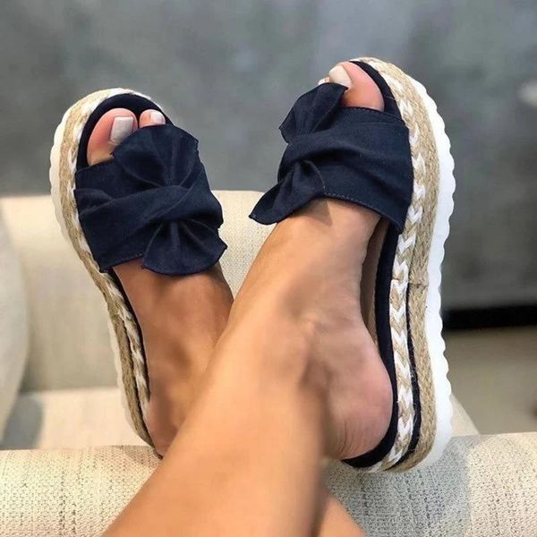 

slippers 2021 fashion female beach casual flip flops summer slip-on bow flat open toe breathable sandals weave shoes #45, Black
