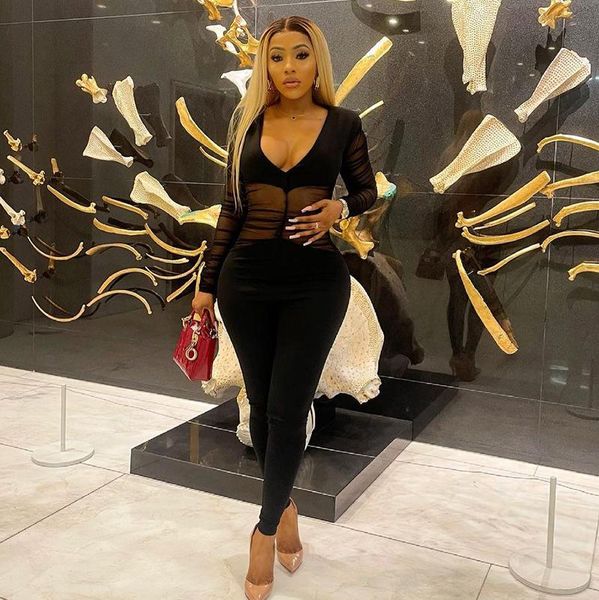 

women's pants & capris hovanch2021 autumn deep v hollow out long sleeve mesh stitching bodysuit street wear, Black;white