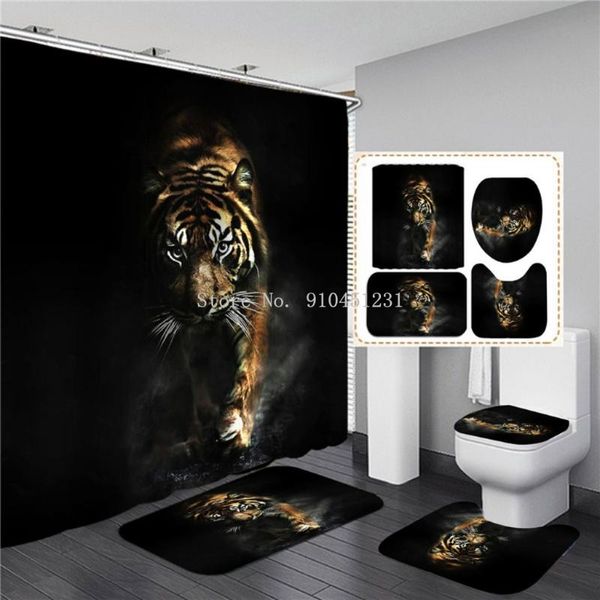 

shower curtains black tiger animals printed curtain set bathroom bathing screen anti-slip toilet lid cover carpet rugs kitchen home decor