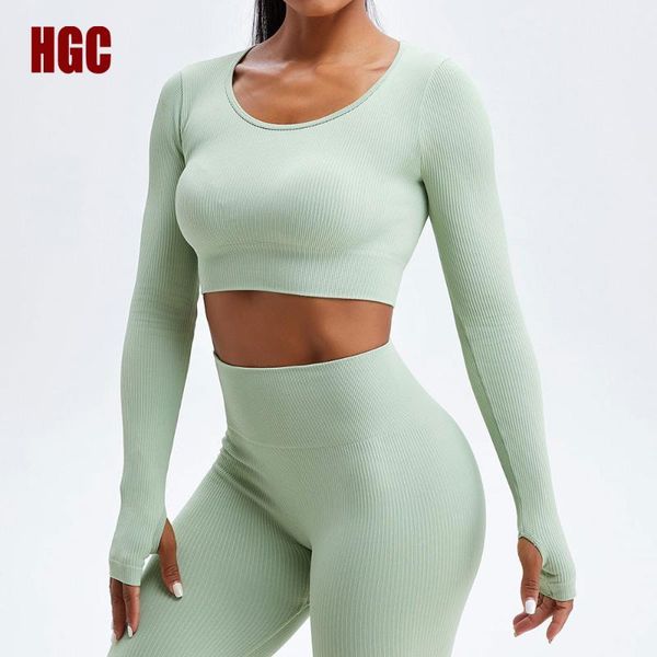 

yoga outfit hgc seamless sports women long sleeve blouse push-up gym workout running high elastic breathable fitness shirts