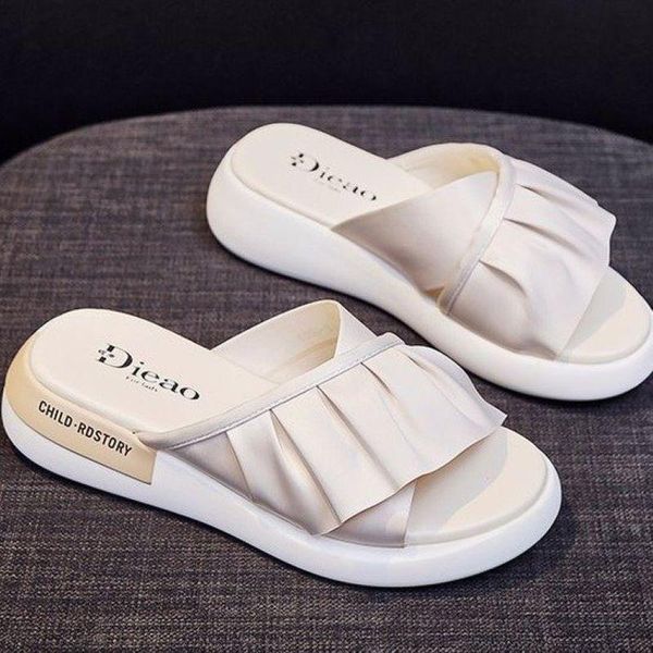 

women slippers woman ruffles pleated slip on teenslippers fashion thick bottom flats outdoor beach slides shoes, Black