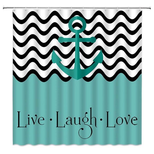 

nautical anchor shower curtain wave lines with live laugh and love decor vibrant sea life,fabric bathroom set hooks included