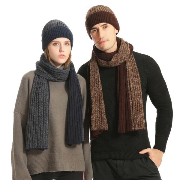 

hats, scarves & gloves sets autumn winter european man women woolen hat knitted thick scarf three-piece suit keep warm, Blue;gray