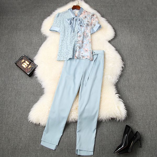 

two piece dress women pant and set summer bow collar short sleeve mix floral print chiffon shirts office blue sets elegant dbxu, White