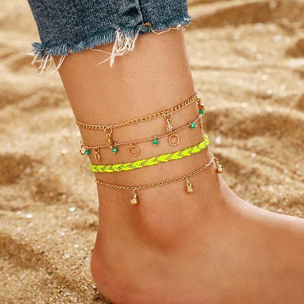 

anklets 4pcs bohemian style anklet set star ankle bracelet chain braided rope summer beach foot women jewellery, Red;blue