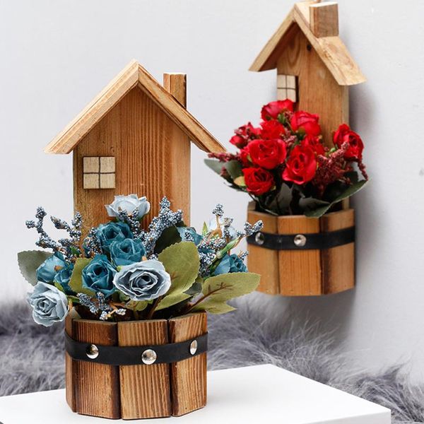 

hanging wood house potted simulation flower wooden home decoration plant deskornament small artificial bonsai decorative flowers & wreat