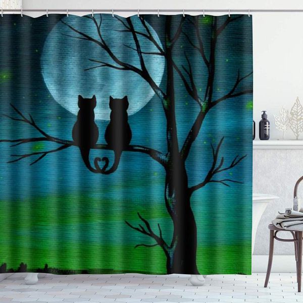 

shower curtain set with 12 hooks,couple cute cat unique,machine washable,72" x 72"