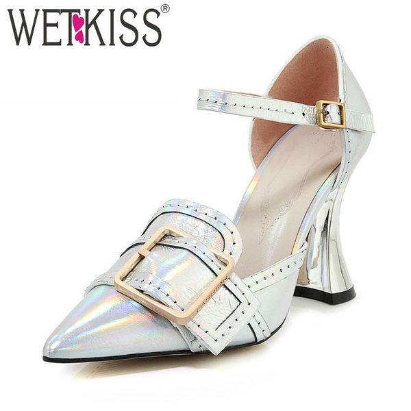 

cow leather pumps women pointed toe footwear fashion ankle strap shoes ladies unusual heel high party woman dress, Black
