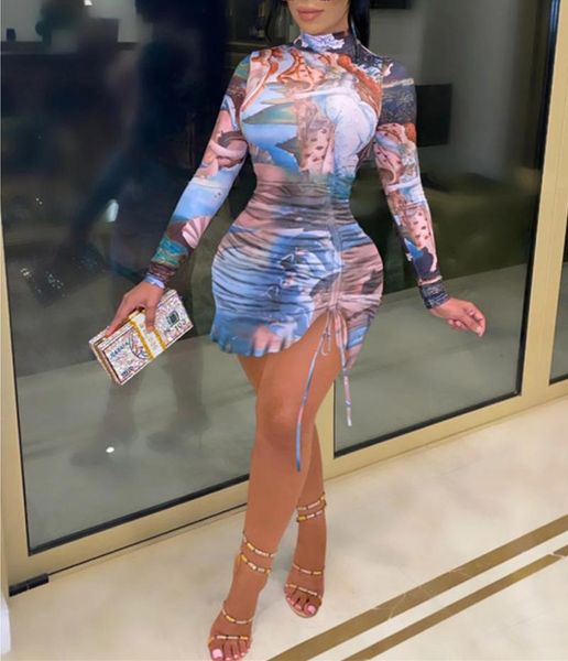 

casual dresses 2021 print long sleeve ruffles ruched mini dress spring autumn women fashion streetwear outfits club wear, Black;gray