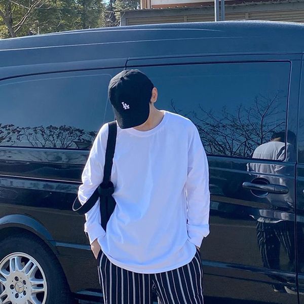

men's t-shirts spring and autumn cotton long-sleeved t-shirt loose round neck solid color bottoming shirt tide ins wind, White;black