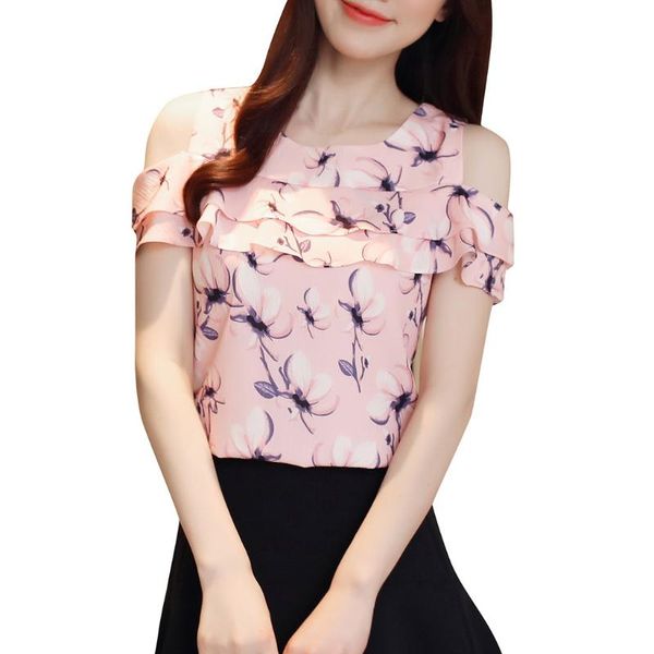 

women's blouses & shirts women summer casual print short sleeve o-neck blouse chiffon cold shoulder chemisier femme nouvelle collec, White
