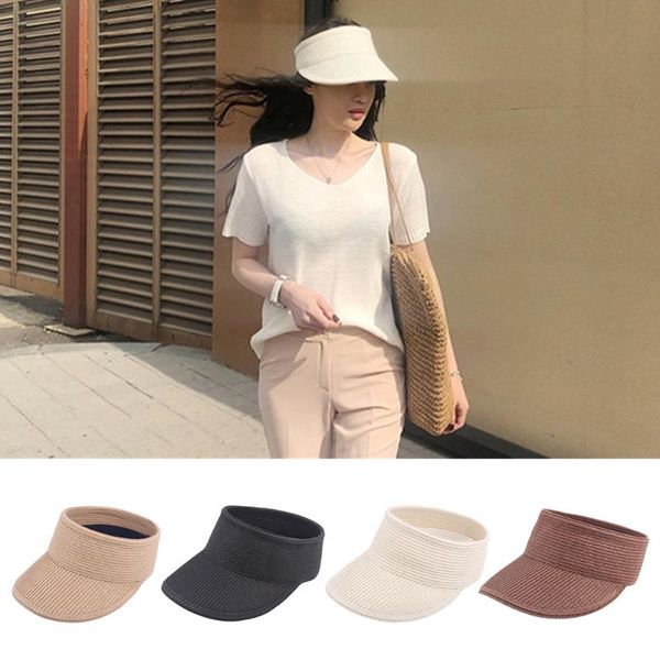 

women beach camping fishing visors roll up summer magic sticker foldable outdoor sports wide brim uv protection straw sun hat hats, Black;white