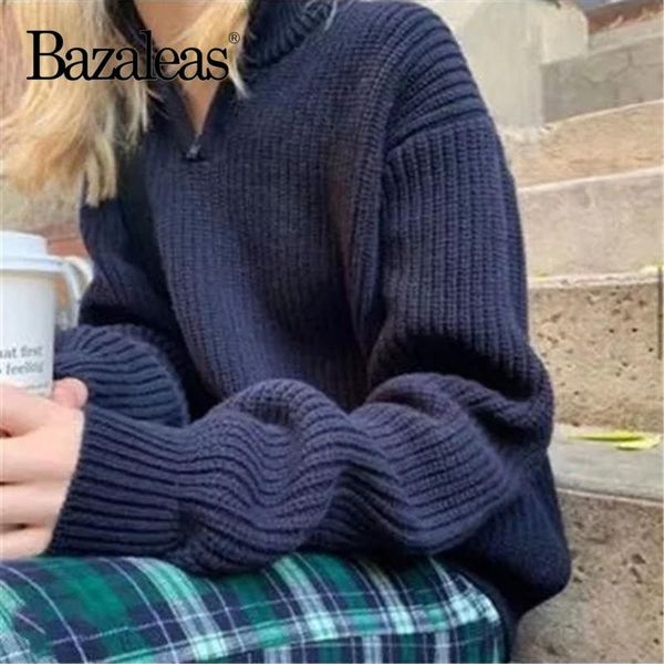 

women's sweaters bazaleas streetwear navy knitted pullover turtleneck zipper sweater vintage women loose pull femme drop, White;black