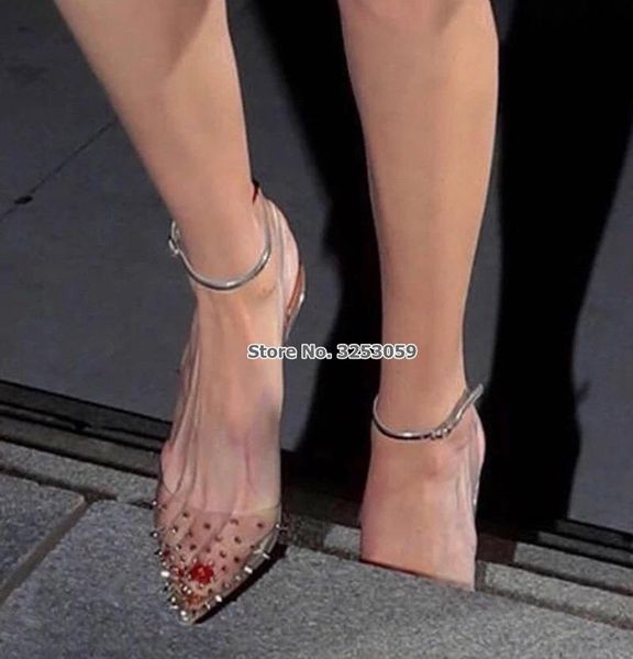 

spring summer clear pvc rivets pumps stiletto heels studded wedding shoes buckle strap pointed toe slingback dress, Black