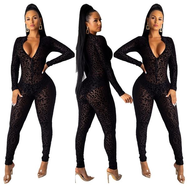 Animal Instinct Mesh Bodystocking Gonna sexy leopardata Vedere attraverso Pagliaccetti a maniche lunghe in velluto Tuta da donna Midnight Clubwear 011912