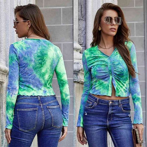 Moda Mulheres Tie-Dye Imprimir t - shirts Outono inverno Botão V-Neck Botão Plissado Manga Longa Crop Top Casual Streetwear Slim Tees Feminino 210522