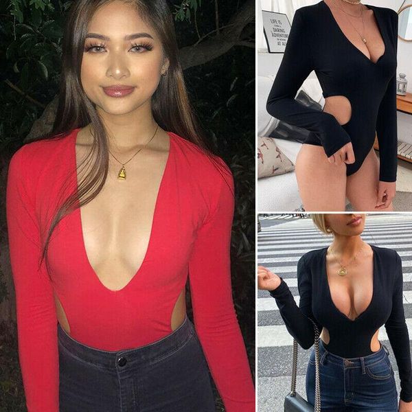 

women's jumpsuits & rompers womens long sleeve deep v neck bodycon bodysuit high cut leotard thong, Black;white
