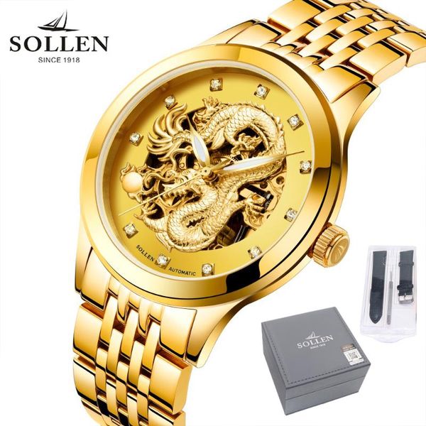 

wristwatches sollen602 luxury men's automatic mechanical watch chinese dragon gold steel band luminous diamond sapphire business mens, Slivery;brown