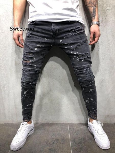 

men ripped dot printed skinny jeans destroyed frayed slim fit denim pant casual hole zipper balck pants1, Blue