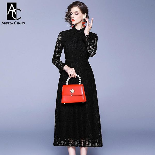 

casual dresses s-xxl spring summer woman dress transparent sleeve black lace mandarin collar fashion vintage calf length, Black;gray