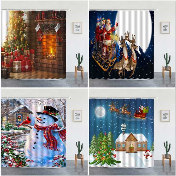 

shower curtains 2021 christmas decoration fireplace santa claus snowman xmas bathroom decor set frabic polyester bath screen