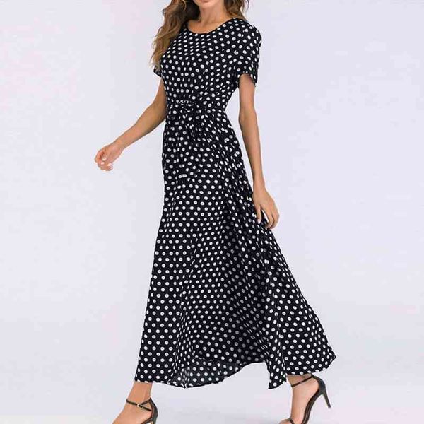 

40 polka dot summer bandage womens dress long maxi chiffon robe longue o neck short sleeve femme vintage, Black;gray