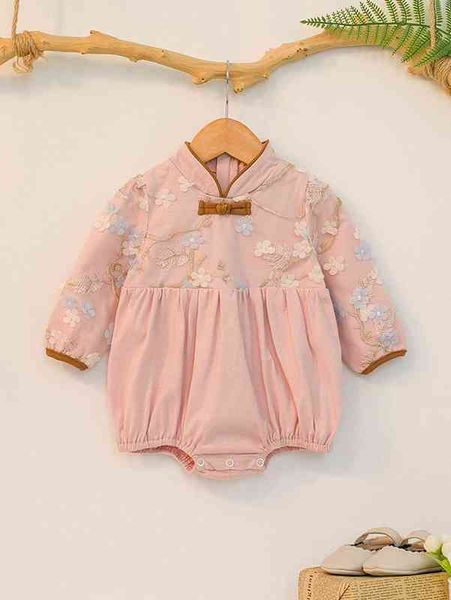

baby girl mandarin collar embroidery patched bodysuit she, Blue