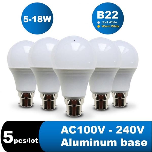 

bulbs 5pcs/lot b22 led lamp spotlight table light ac 110v 130v 220v store/home lighting 6w 9w 12w 15w 18w 21w cool/warm white