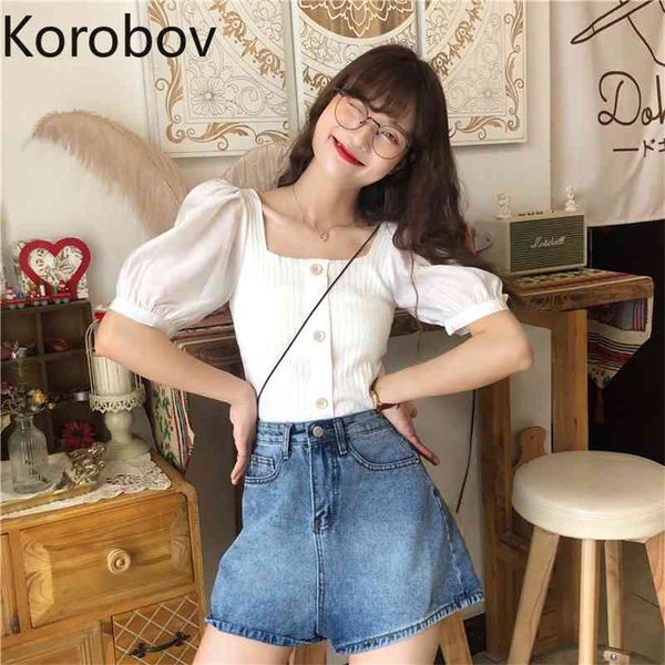 

korobov retro square collar open collarbone short blouse women slim fit button design solid blusas summer new shirt 2a883 210430, White