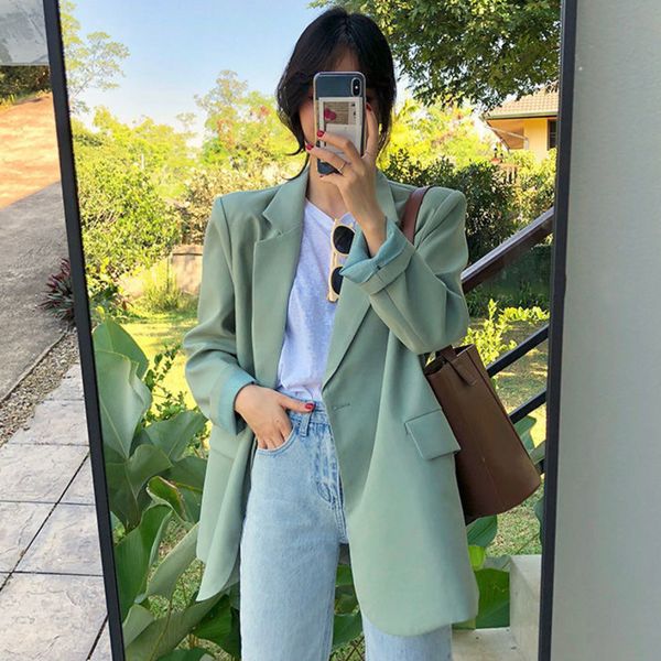 

chic loose light green coats women blazer one button female suit jacket full sleeve outwear blaser femme summer 16w893 210510, White;black