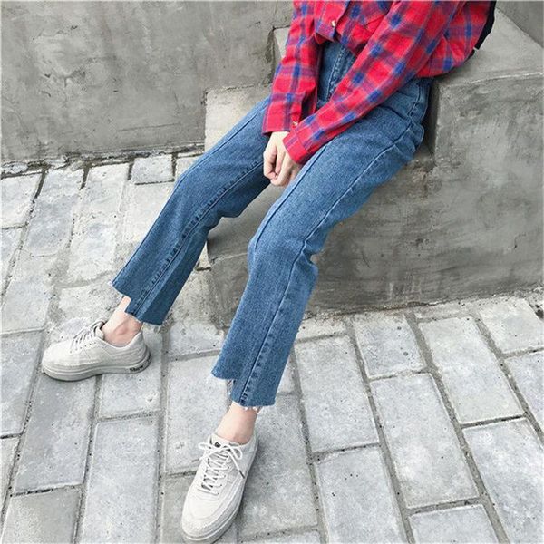 

women's jeans varofi straight leg spring and autumn big size high waist loose to show skinny students nine-cent pants y2k, Blue